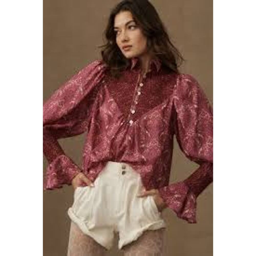 NWOT Hope for Flowers Soft Smocked Paisley BLUE Long Sleeve Top Size Small - Picture 2 of 3